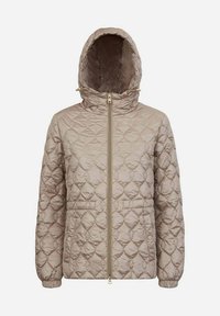 Beige gewatteerde jas met een capuchon, voorzien van een rits aan de voorkant, elastische manchetten en een ruitpatroon. Soepele textuur, lichtgewicht ontwerp.