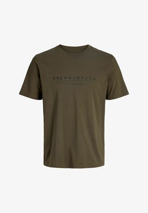 Olivengrøn kortærmet t-shirt lavet af bomuld, med rund halsudskæring og et trykt logo i mørkeblå på forsiden.