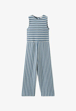 Ærmeløs buksedragt med vide ben og blå, hvide og sorte horisontale striber på toppen samt vertikale striber på bukserne.