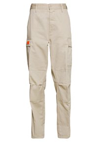 Beige cargo kalhoty vyrobené z bavlněné směsi, s několika bočními kapsami, zapínáním na knoflík a zesílenými oblastmi kolen.