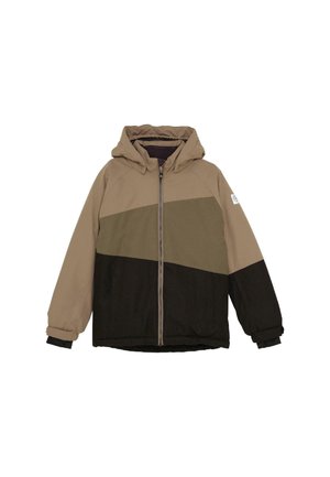Giacca invernale per bambini con cappuccio, zip frontale e blocchi di colore in beige, verde oliva e nero.
