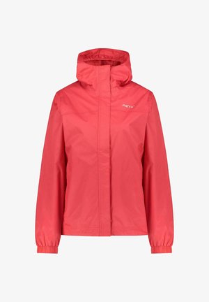 Chaqueta ligera roja con cuello alto, capucha ajustable, puños elásticos y logo en el pecho. Material suave y resistente al agua.