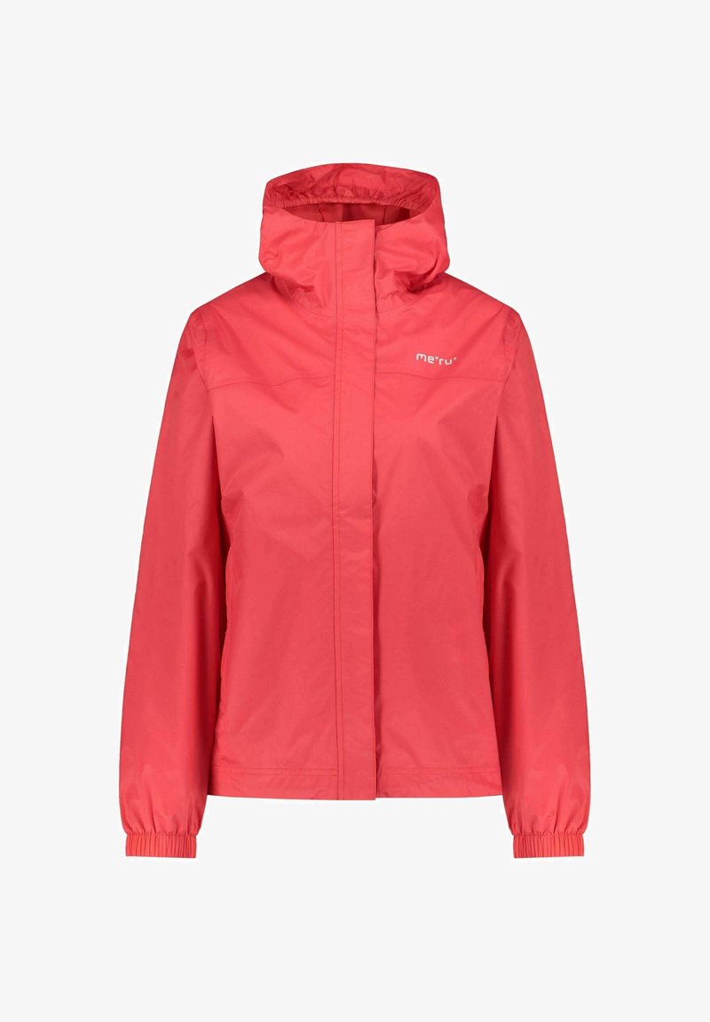 Röd lättviktsjacka med hög krage, justerbar huva, elastiska ärmslut och logotyp på bröstet. Slät, vattenavvisande material.