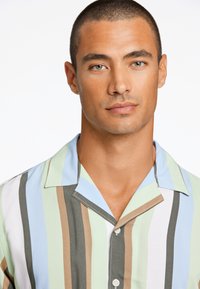 Camicia a maniche corte con colletto caratterizzata da righe verticali in tonalità pastello di verde, blu e marrone; tessuto liscio con una vestibilità comoda.