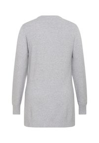 Maglione grigio chiaro in maglia con maniche lunghe, collo rotondo e orlo a coste. Texture morbida con un design semplice e senza motivi visibili.