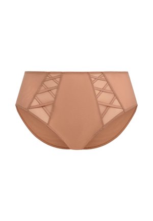Korte, high-waisted onderbroek van een zachte nude stof met doorschijnende meshpanelen en kruislings detail aan de zijkanten.