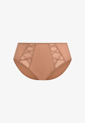 Korte, high-waisted onderbroek van een zachte nude stof met doorschijnende meshpanelen en kruislings detail aan de zijkanten.