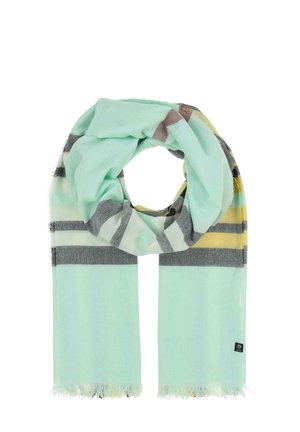 Mint green scarf with varying striped patterns in grey, yellow, and white, featuring fringe edges and a small logo tag on one side.