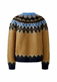 Gebreide wollen trui met een ronde hals, beige body, blauwe en bruine geometrische patronen, en geribbelde manchetten in donkerblauw.
