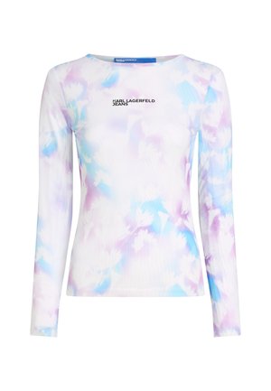 Langemouw top van een soepele, rekbare stof. Beschikt over een pastelblauw en paars bloemenpatroon met een bedrukt logo op de voorkant.