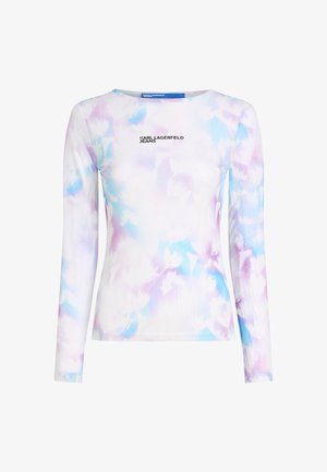 Hosszú ujjú felső sima, rugalmas anyagból. Pasztell kék és lila virágmintával rendelkezik, elől nyomtatott logóval.