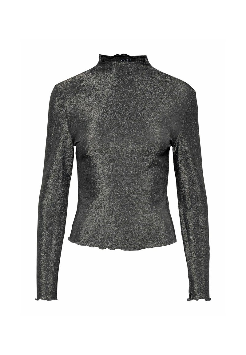 Metallic svart långärmad topp med hög krage och subtil lyster. Har volangdetaljer i fållen och ärmarna för extra detaljer. Slät textur.