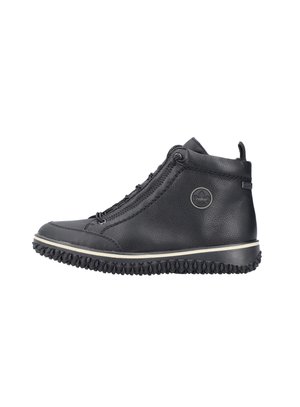 Black leather mid-top shoe with textured finish, rounded toe, front zipper, and rubber sole featuring prominent gripping studs.