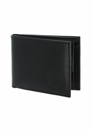 Black leather bifold wallet with stitched edges and embossed circular pattern on front corner, slightly open showing interior compartments.