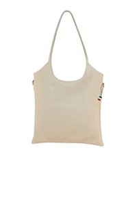 Beige leren schoudertas met een gladde textuur, brede schouderband en een klein Italiaans vlaggetje als hanger aan de rits.
