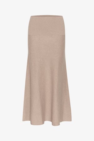 Gonna midi a maglia in beige chiaro, con vita alta elastica e silhouette svasata, texture liscia con dettagli minimi.