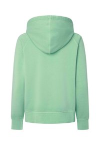 Mėtyje žalias hoodie su švelnia tekstūra, turintis šniūriuką kapucei, ilgas rankoves ir šiurkštų apykaklę bei apatinę kraštą. Rodoma nugaros pusė.