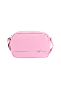 Borsa rettangolare rosa realizzata in materiale liscio. Caratterizzata da un logo e una tracolla argentati, con chiusura a zip e design minimalista.