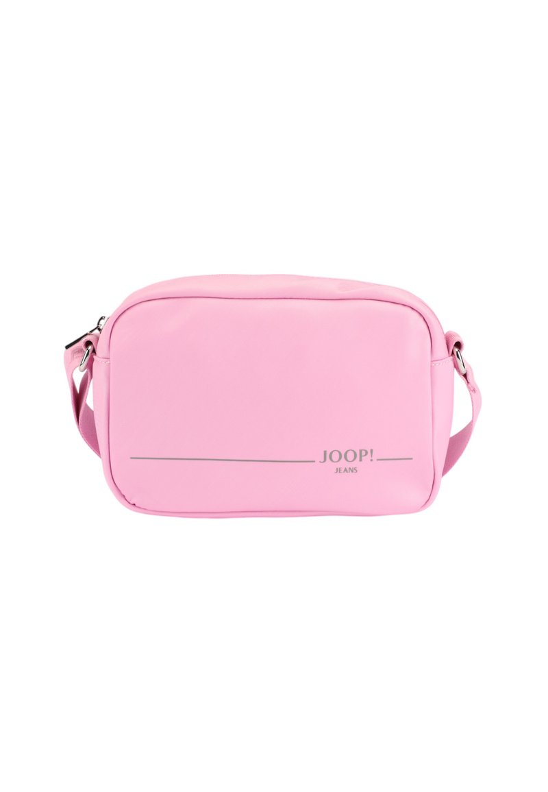 Borsa rettangolare rosa realizzata in materiale liscio. Caratterizzata da un logo e una tracolla argentati, con chiusura a zip e design minimalista.