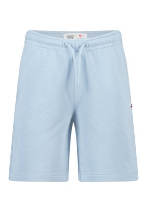 Lichtblauwe casual short met een elastische tailleband en trekkoord, voorzien van een klein logoplaatje aan de rechterkant.