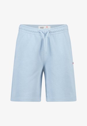 Shorts décontractés bleu clair avec une ceinture élastique et un cordon de serrage, avec un petit écusson logo sur le côté droit.