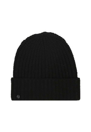 Cappello beanie nero lavorato a maglia con risvolto e un piccolo logo rotondo argentato sul lato sinistro del risvolto.