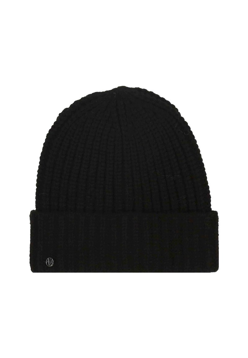 Cappello beanie nero lavorato a maglia con risvolto e un piccolo logo rotondo argentato sul lato sinistro del risvolto.