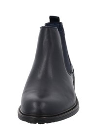 Botas de cuero marino hasta el tobillo con un acabado liso, paneles laterales elásticos, puntera redonda y un tacón bajo apilado con detalles de costura sutiles.