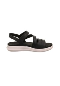 Schwarze Ledersandalen mit überkreuzten Riemen, einer strukturierten Fußbett und einer weißen Plateau-Sohle. Glatte Oberflächenstruktur und offenes Zehendesign.