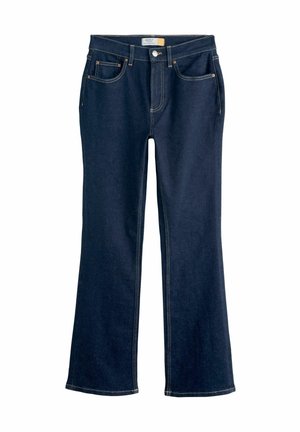 Dark blue denim flared jeans with five pockets, a button closure, and orange stitching along the seams and pockets.