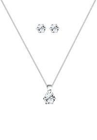 Set di gioielli composto da una collana con catena in argento, con un grande pendente rotondo trasparente e orecchini a perno coordinati, il tutto impreziosito da un design floreale.