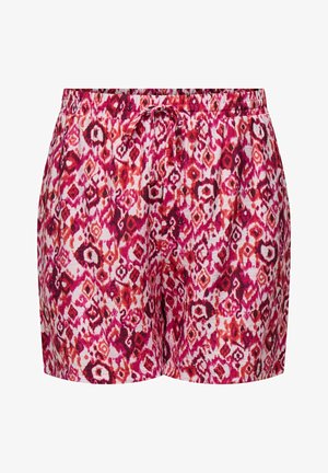 Shorts casual da donna con fascia elastica in vita e coulisse, caratterizzati da un vibrante motivo geometrico astratto in rosso, rosa e bianco.