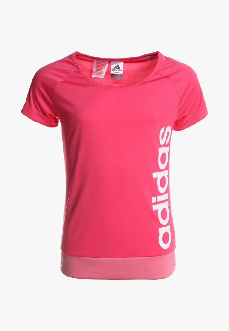 Rosa atletisk T-shirt gjord av lättviktsmaterial med korta ärmar. Har en stor vit "adidas"-logga på framsidan och en kontrasterande nederkant.