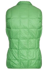 Zelená prošívaná vesta s vysokým límcem a hladkou texturou, navržená bez rukávů pro lehké nošení.
