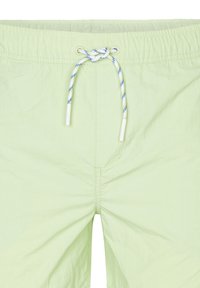 Lichtgroene zwembroek met een elastische tailleband en een witblauwe trekkoord. Kenmerkt zich door een gladde textuur en minimale stikseldetails.