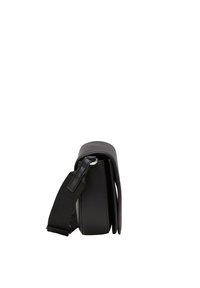 Schwarze Kunstleder-Handtasche in rechteckiger Form, mit glatter Textur und einem verstellbaren Stoffgurt. Sie zeichnet sich durch ein minimalistisches Design ohne Verzierungen aus.