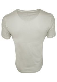 Hellgraues T-Shirt mit kurzen Ärmeln aus weichem Baumwollmaterial. Besitzt einen Rundhalsausschnitt und eine glatte Textur. Die Rückansicht zeigt ein figurbetontes Design.