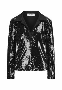 Schwarzes Paillettenoberteil mit einem knöpfbaren Kragen, langen Ärmeln und einer glatten Textur. Verfügt über abwechselnde silberne und schwarze Pailletten, die einen schimmernden Effekt erzeugen.