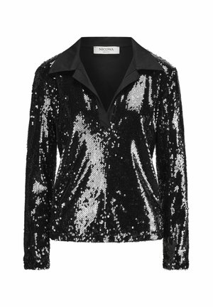Top en sequins noirs avec un col boutonné, des manches longues et une texture lisse. Présente des sequins argentés et noirs alternés créant un effet scintillant.
