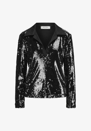 Schwarzes Paillettenoberteil mit einem knöpfbaren Kragen, langen Ärmeln und einer glatten Textur. Verfügt über abwechselnde silberne und schwarze Pailletten, die einen schimmernden Effekt erzeugen.