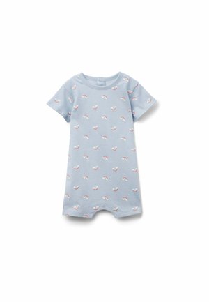 Hellblauer Baby-Strampler mit kurzen Ärmeln, kleinen weißen Wolken und Regenbogenmustern, Druckknöpfen am unteren Saum.
