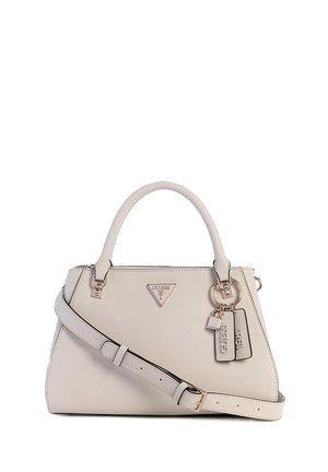 Light beige structured handbag with top handles, adjustable shoulder strap, gold-tone hardware, and branded keychain tags.