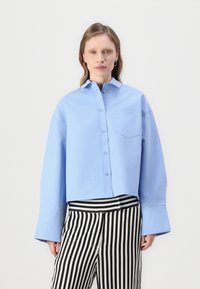 Camicia di cotone azzurro chiaro con colletto button-down, taschino sul petto e polsini larghi, abbinata a pantaloni a righe bianche e nere.