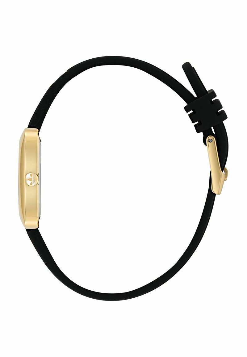 Goudkleurig rechthoekig horloge met een zwart rubberen bandje en een drukknopsluiting. Glasplaat met minimalistische uurmarkeringen.