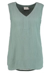 Haut sans manches vert clair avec un col en V et une finition texturée. Comprend une patte de boutonnage et une coupe ample et décontractée, idéale pour superposer.