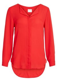 Blusa rossa a maniche lunghe con scollatura a V, pattina frontale e orlo arrotondato. Realizzata in materiale leggero con una trama liscia. Etichetta del marchio visibile.