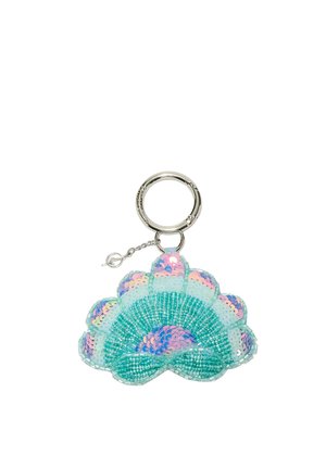 Keychain with a silver ring attached to a turquoise and pastel pink sequin shell-shaped ornament.