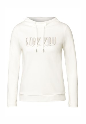 Weißer Hoodie mit Kordelzugkragen, langen Ärmeln und grafischem Text: "BLEIB DU selbst, kreiere die Zukunft" in einer verspielten Schriftart. Weicher Stoff.