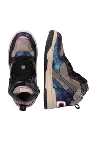 High-top sneakers featuring a multicolored iridescent fabric in shades of black, purple, and blue. Black laces and textured rubber soles.