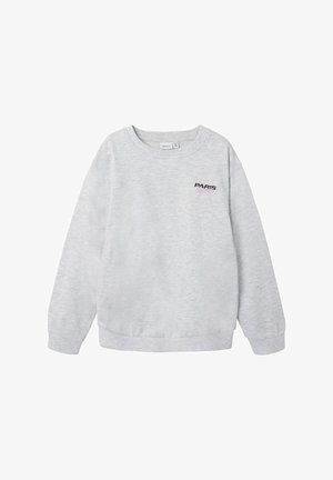Hallhihmeline hall sweatshirt ümmarguse kaeluse ja pikkade varrukatega. Ees on must tekst "PARIS" ja roosa lipsugraafika. Pehme tekstuur.